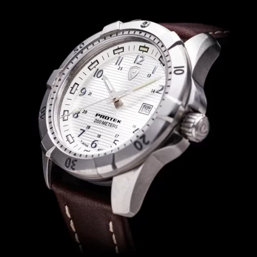 Srebrny zegarek męski ProTek Watches ze skórzanym paskiem Dive Series 2005 42MM