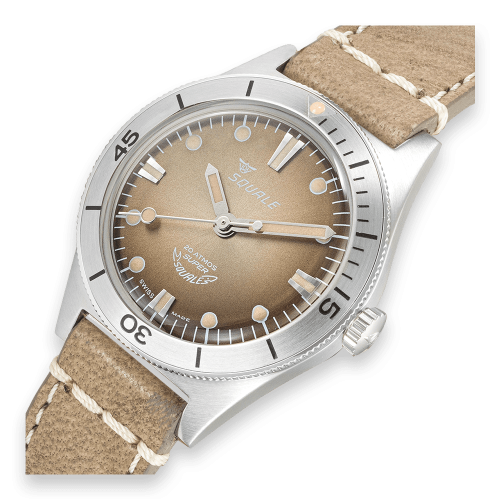 Relógio Squale prata para homens com pulseira de couro Super-Squale Sunray Brown Leather - Silver 38MM Automatic